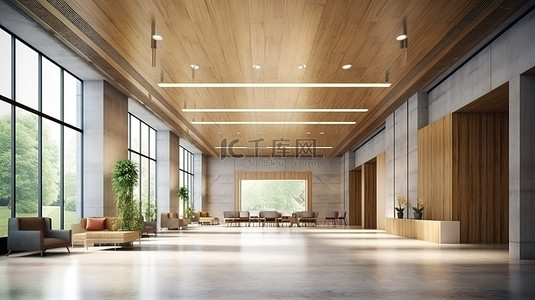 生态友好型办公大堂，配有开放空间设计混凝土地板木质天花板接待区电梯和 3D 渲染模型