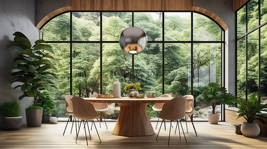 自然景观现代餐厅令人惊叹的 3D 渲染与宽敞的窗户
