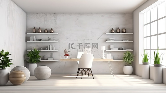 具有室内设计和简约白墙背景 3D 渲染的当代工作空间模型