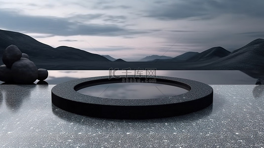 湖蓝色背景背景图片_黑色水磨石抽象景观讲台俯瞰湖池 3D 渲染