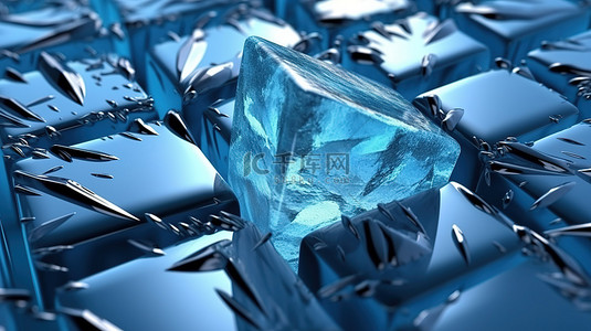 水背景图片_表面破裂的浑浊蓝色冰块的 3D 渲染