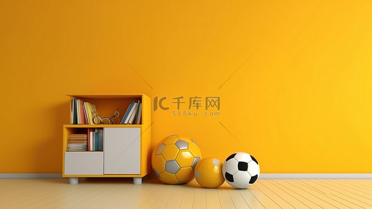 儿童足球背景图片_带有黄色足球装饰的儿童房的 3D 渲染