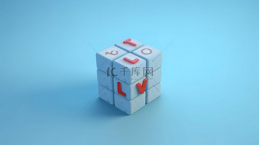 3D 渲染的立方体在蓝色背景上拼出“爱你”，向情人节致敬