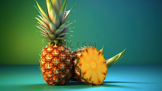 甘美的热带菠萝在 3D 呈现的充满活力的绿色背景上提供营养和新鲜的乐趣