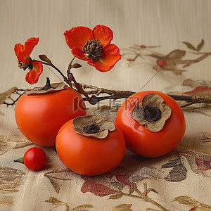 织物上有干花和叶的两个红柿子