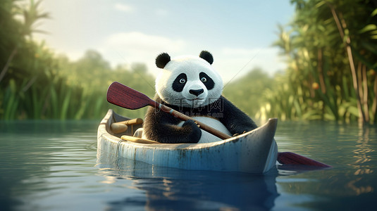 3d 熊猫在划艇上的热闹景象