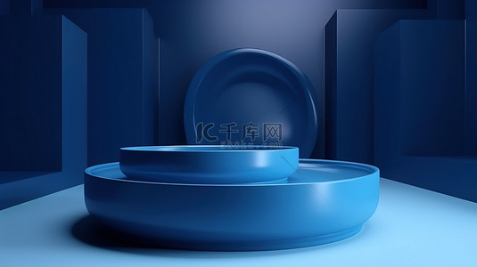 背蓝色景背景图片_3D 渲染中的蓝色讲台，用于在蓝色房间背​​景下展示产品，非常适合产品展示