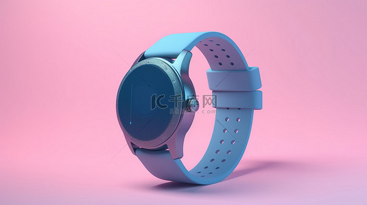 充满活力的粉红色背景上的当代蓝色智能手表的双色调风格模型，带 3D 渲染的表带