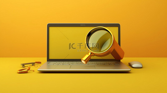 显示搜索栏网页的黄色背景卡通电脑屏幕的 3D 渲染