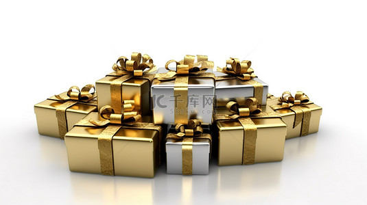 白色背景礼品盒的 3D 渲染，饰有金色丝带
