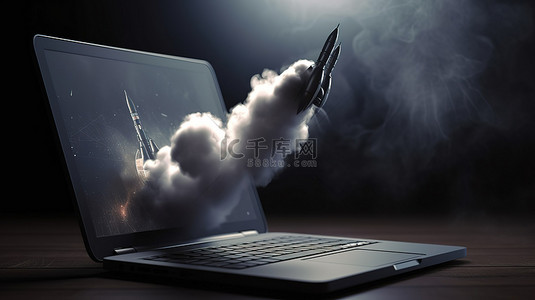 市场背景背景图片_笔记本电脑屏幕上冒烟的火箭发射数字渲染，强调 seo 优化和中小企业概念
