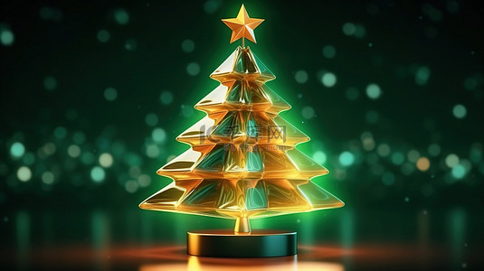 光芒四射的圣诞树与明星 3D 插图圣诞快乐，新年快乐