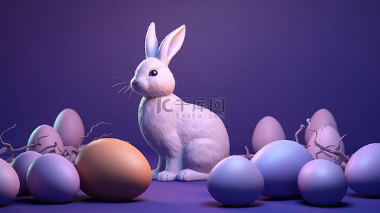 复活节兔子和彩蛋背景图片_兔子和充满活力的复活节彩蛋在薰衣草背景上的 3D 渲染中庆祝复活节的快乐