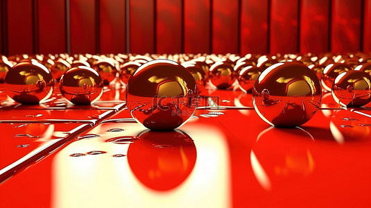 猩红色地板上带有金色纹理的红球的未来派 3D 插图