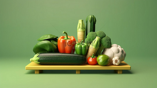 新鲜蔬菜背景图片_在相反的尺度上平衡您的健康哑铃和新鲜蔬菜 3D 概念图与文本空间
