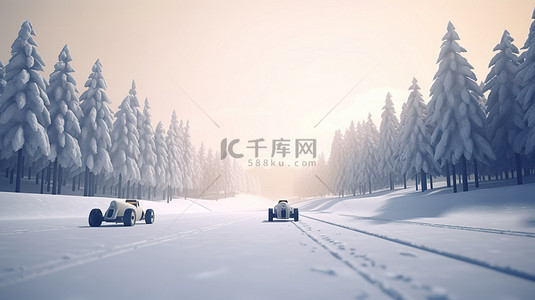 3D 插图中两个孩子在白雪皑皑的森林赛道上赛车玩具车