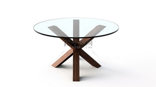 3D 渲染的当代玻璃桌在白色背景中脱颖而出