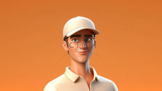 男性角色轮廓 3D 渲染，配有奶油色帽子和橙色 Polo 衫，非常适合角色刻画