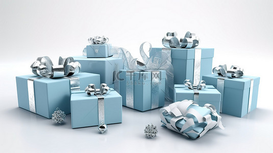 白色背景与蓝色礼品盒 3D 渲染完美适合圣诞节元旦