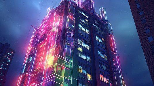赛博朋克风格的未来派摩天大楼的 3D 渲染