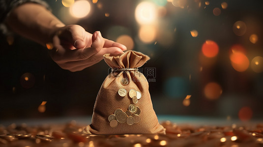 束口钱袋背景图片_金融投资概念 3D 渲染手抓钱袋与硬币