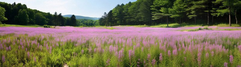 一片紫色花朵的田野，背景是一片森林