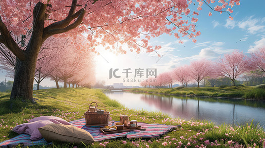 樱花背景图片_樱花季节河l边野餐背景图