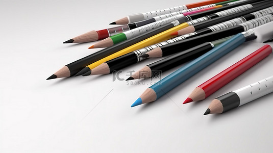 白色背景 3D 图标标尺钢笔铅笔画笔和渲染格式的画笔