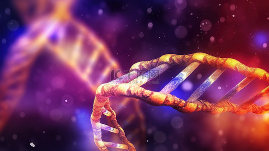 色彩缤纷的背景下充满活力的 DNA 结构数字艺术作品 3D 医学和遗传学的现代描述
