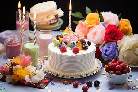 糖果派对背景图片_蛋糕和其他食品放在生日快乐卡旁边