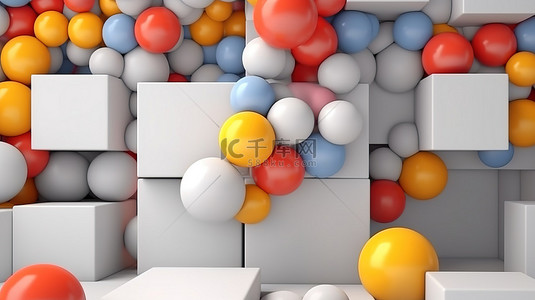 白色立方体背景图片_一组彩色球和白色立方体的灰色背景的抽象 3D 渲染