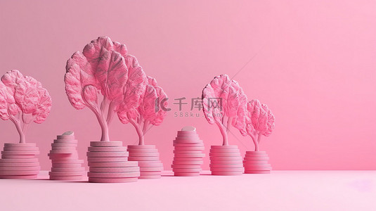节省金钱背景图片_粉红色背景下的 3D 渲染中，树木高高地矗立在不断增长的硬币堆后面，代表着明智的商业投资和节省财富