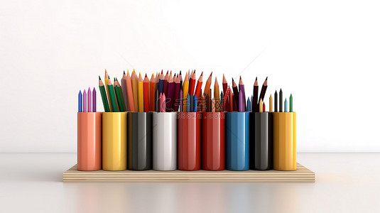 教育主题 3D 铅笔和书籍呈现在白墙上