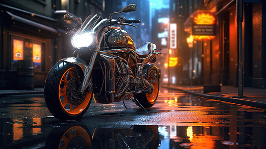 城市夜间摩托车场景 3D 渲染和插图