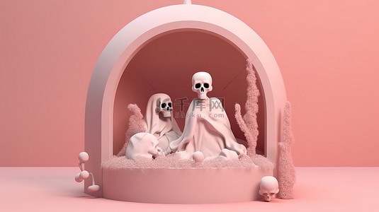 3D 渲染令人难以忘怀的万圣节头骨和幽灵般的坟墓怪物在柔和的粉红色背景下