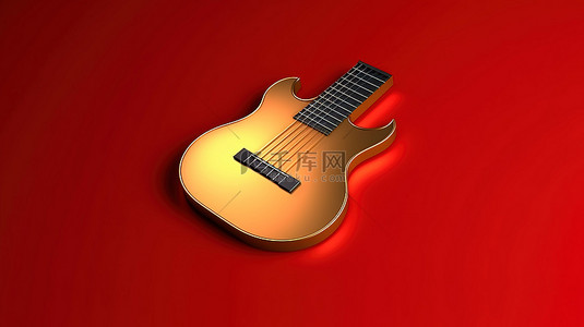 金色吉他图标，在红色哑光金板上带有 3D 渲染的社交媒体符号