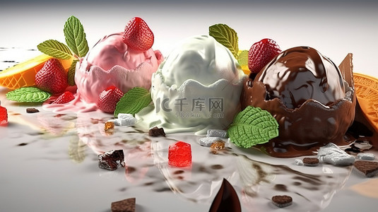 冰淇淋菜單背景图片_美味的 3D 渲染冰淇淋勺，配以榛子薄荷巧克力橙子和草莓块