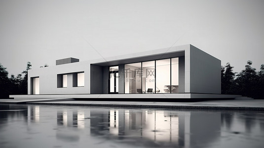 白色地板上的简约住宅，灰色背景住宅物业的 3D 外部渲染
