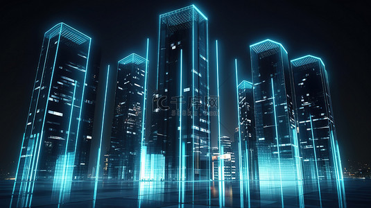智能科技科技背景图片_代表智能城市技术和未来概念的照明现代摩天大楼的 3D 渲染