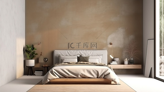 酒店背景背景图片_斯堪的纳维亚极简主义卧室的 3d 渲染与现代设计中的墙壁模型
