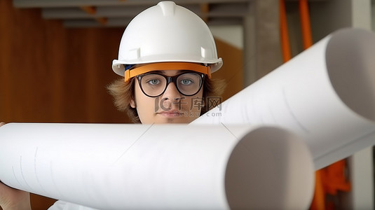 专业建筑师戴着白色头盔，携带高质量图像的计划工具和 3D 眼镜