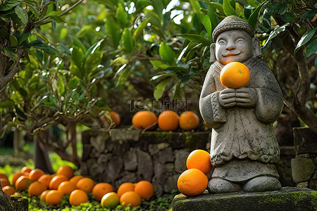 老人旅行背景图片_花园里橘子林形状的老人雕像