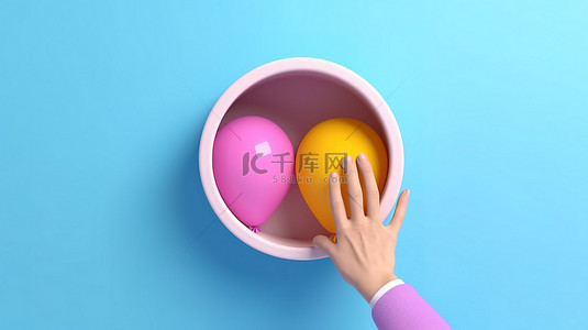 手卡背景图片_手拿着气球穿过孔的柔和彩色等距视图 3D 渲染图像