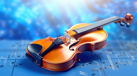 优雅的小提琴，带有蓝色背景下 3D 渲染的音符