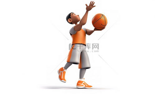 体育跳跃背景图片_白色背景，具有男性篮球运动员在投掷动作过程中的 3d 模型