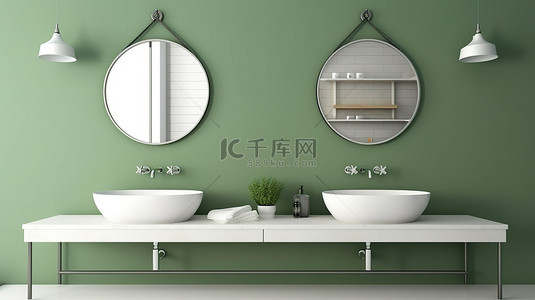 浴室的 3D 渲染配有白色双洗脸盆，绿色墙壁上配有椭圆形镜子