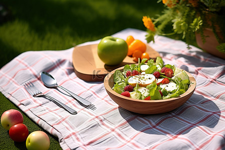 水果沙拉背景图片_野餐桌上放着一碗水果和沙拉