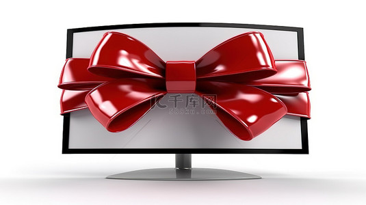 端午节视屏背景图片_时尚的液晶等离子电视或显示器，采用弧形设计，饰有红丝带和蝴蝶结，在 3D 白色背景上呈现