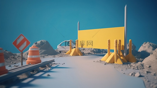 蓝色背景 3d 渲染描绘了一个带有路障和标志的建筑工地