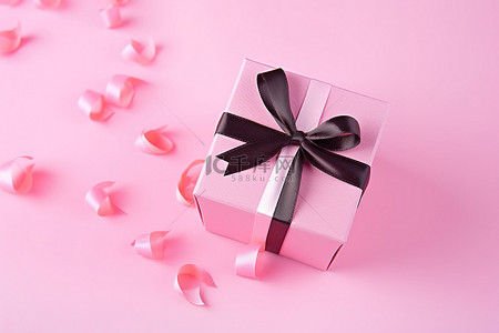 黑色蝴蝶结背景图片_粉红色表面有黑色蝴蝶结的空礼品盒